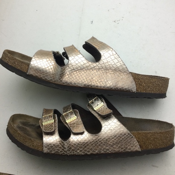 Birkenstock Florida Gold Snake Embossed 3 Strap Sandals Size 11 - Picture 3 of 12